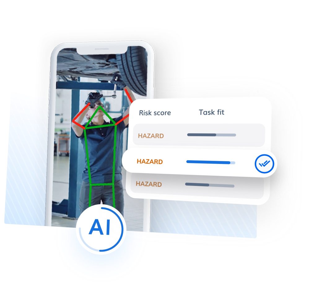 Image of an automotive mechanic working under a lifted car, overlaid with a screen displaying AI-based risk assessment, indicating "Hazard" in both risk score and task fit sections. The focus on safety ensures the wellbeing and health of workers in potentially dangerous environments.