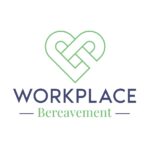 Logo with an intertwined green heart shape above the text "WORKPLACE" in blue and "Bereavement" in green, designed by Jacqueline Gunn.