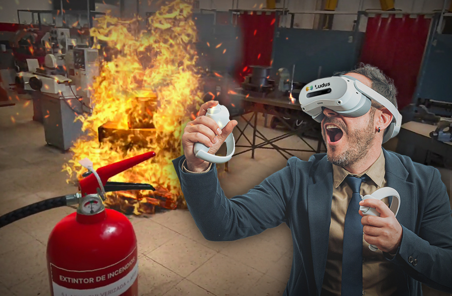 A man wearing virtual reality goggles practices putting out a fire.