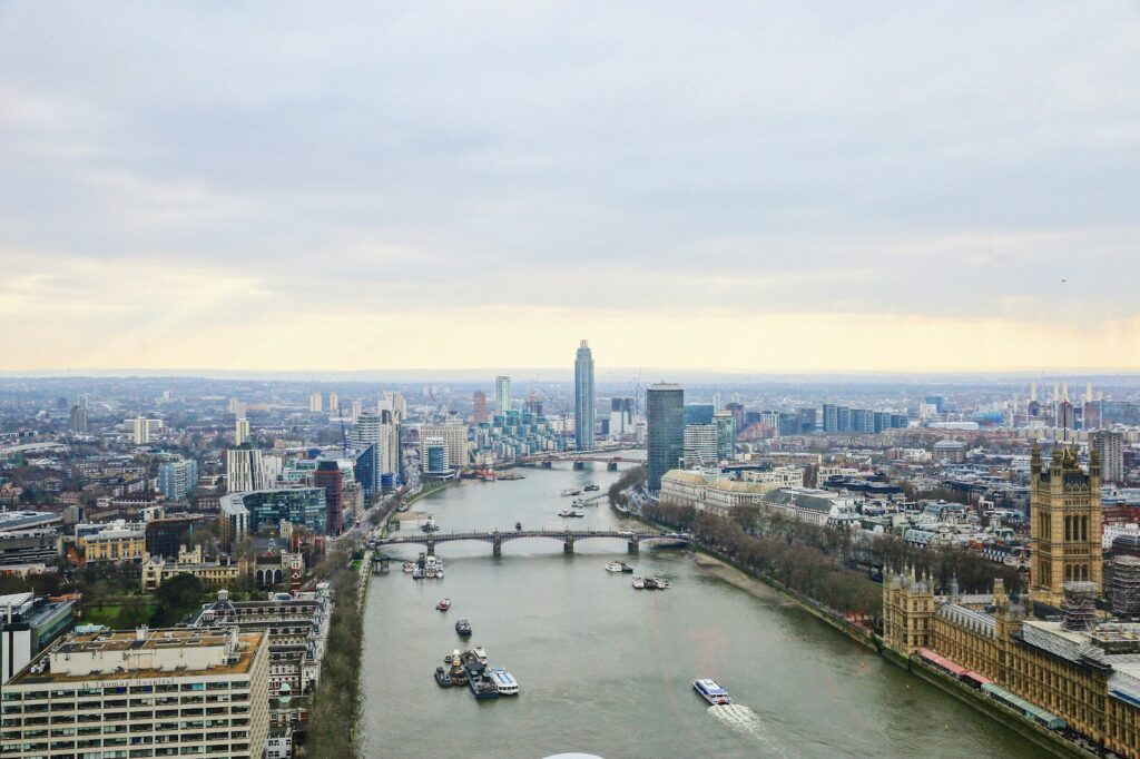 A view of London from over the Thames river.
