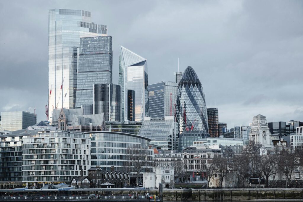 London financial district skyline showing skyscrapers.