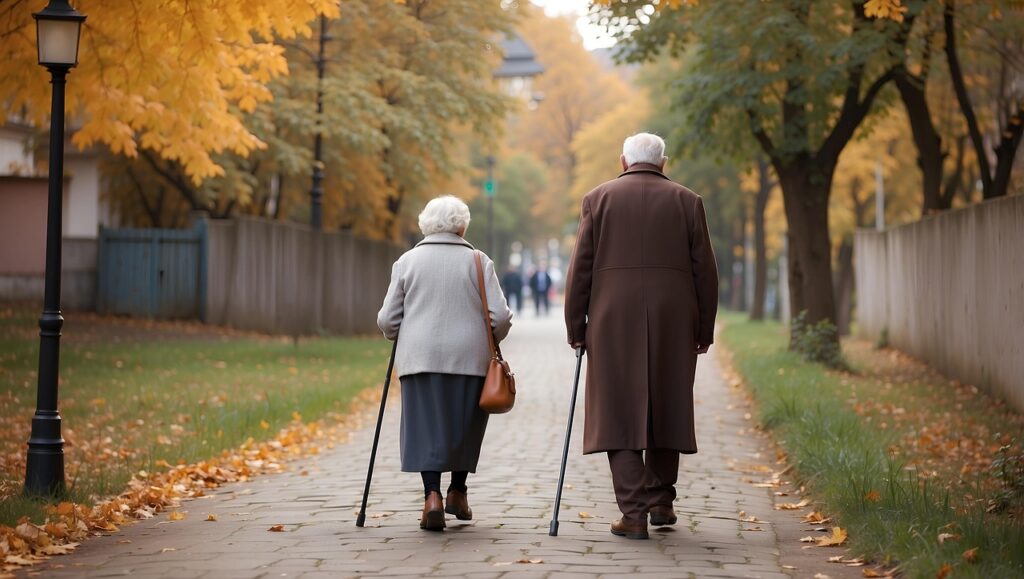 An elderly man and woman walk in a park.