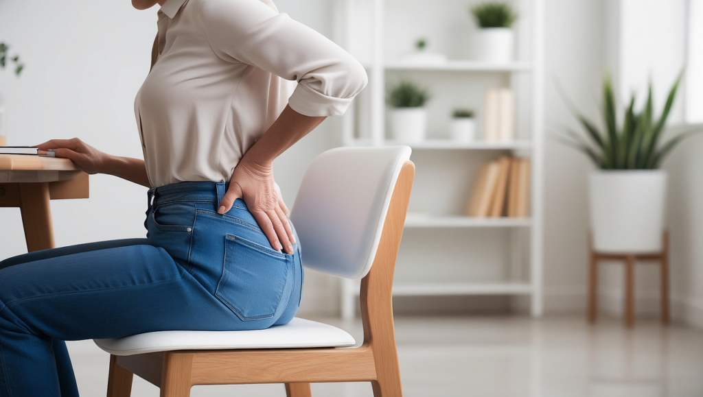 A woman sitting at a desk, touching her back, due to pain.