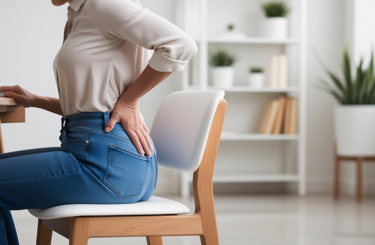 A woman sitting at a desk, touching her back, due to pain.