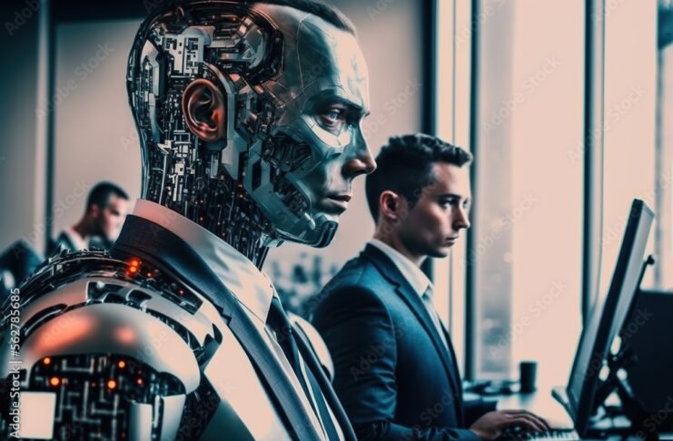 An AI image of a robot and a man in an office.