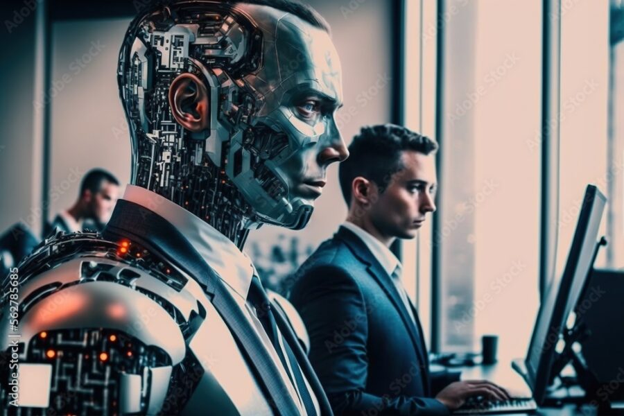 An AI image of a robot and a man in an office.