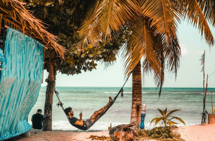man on hammock while using smartphone beside seashore