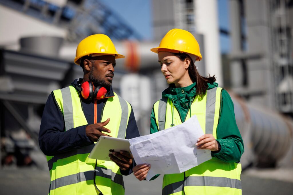 Construction workers talking.