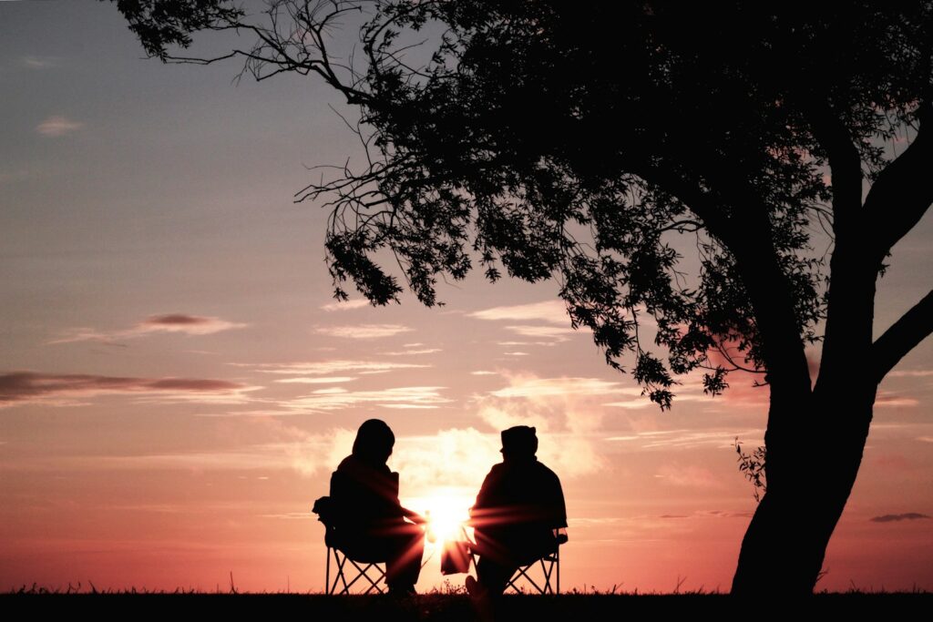 Two people sitting on chairs and near a tree during sunset.