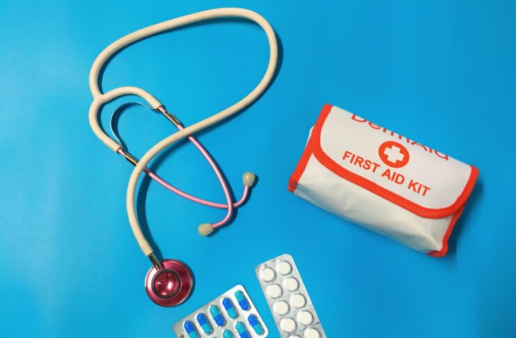 Packs of pills, a stethoscope and a first aid kit.