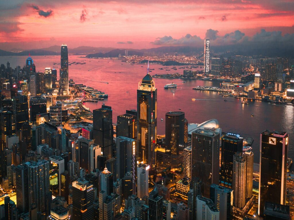 The Hong Kong skyline at dusk.