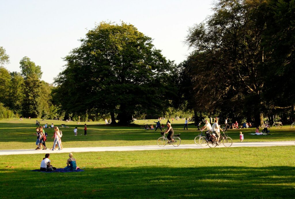 People walking and cycling in a park during a sunny summer's day while others sit on the grass.