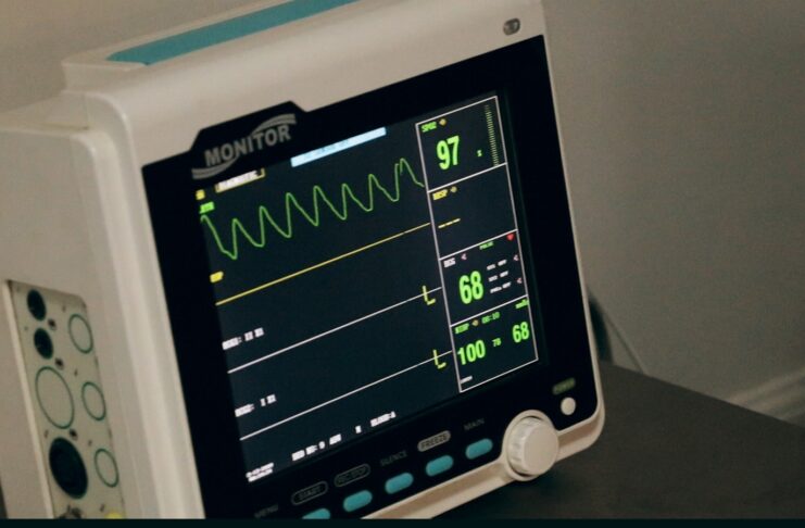 A hospital heart monitor displays information.