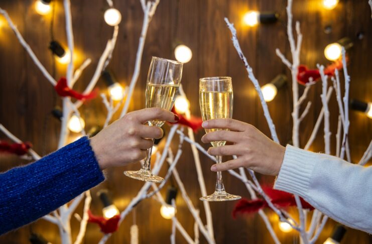Two people toasting with drinks before a Christmas display.