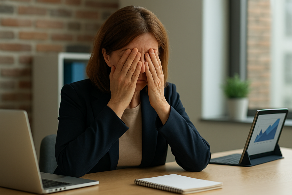 A woman sits at a desk with her face in her hands.
