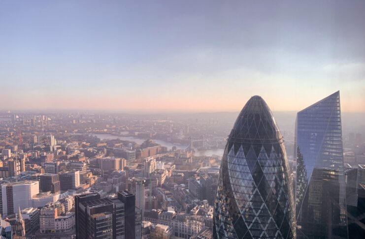 The London skyline featuring skyscrapers.