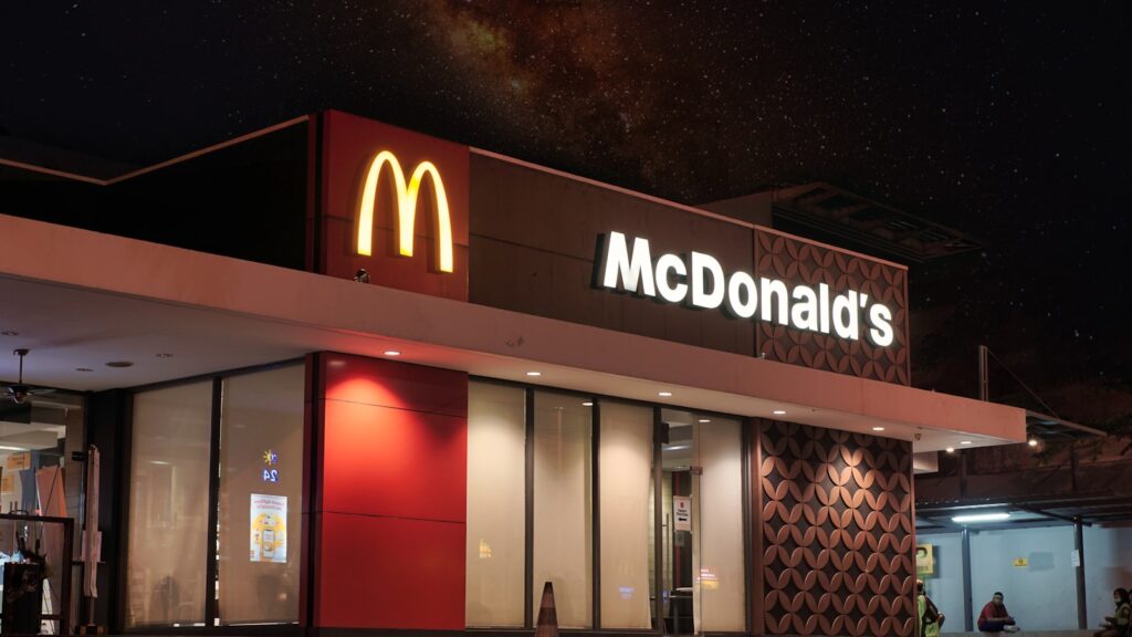 A McDonald's restaurant at night.