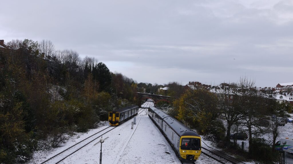 A train in snowy conditions.