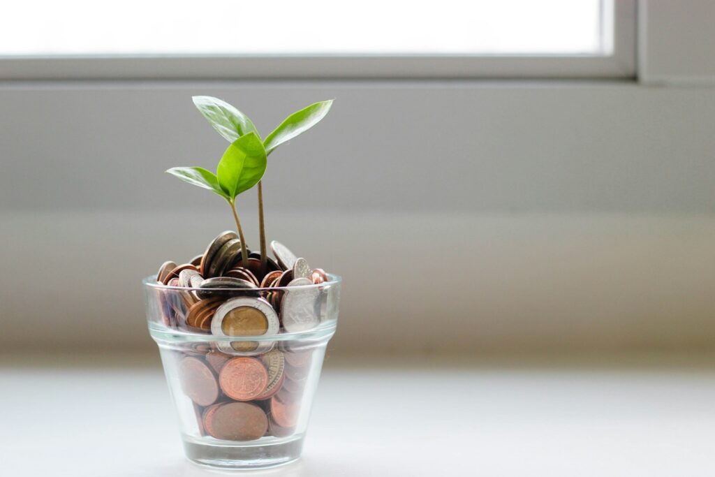 Coins in a glass with a plant on top, signifying financial growth.